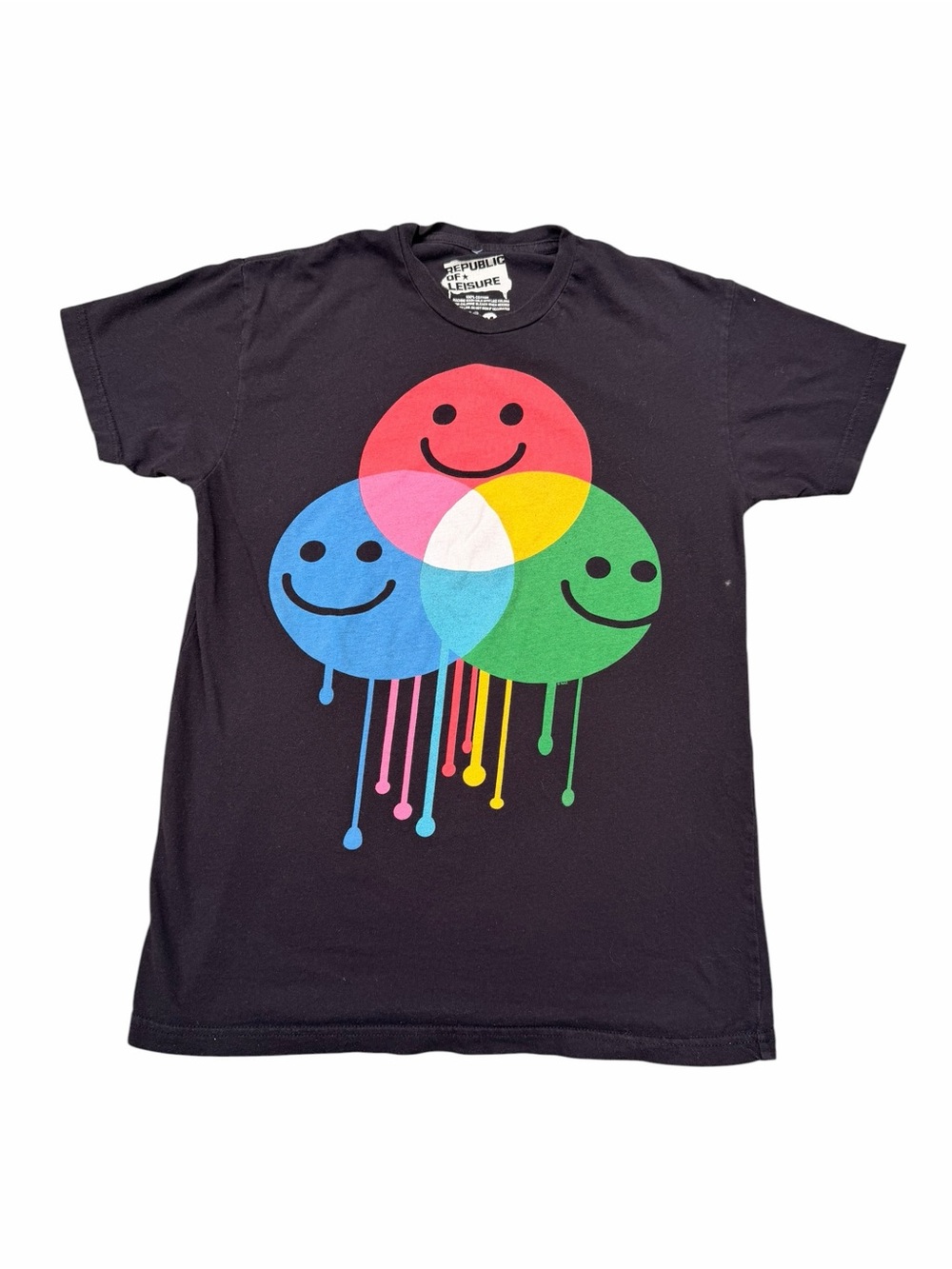 Republic of Leisure Medium Cotton Black Short Sleeve T-shirt Smiley Faces Unisex